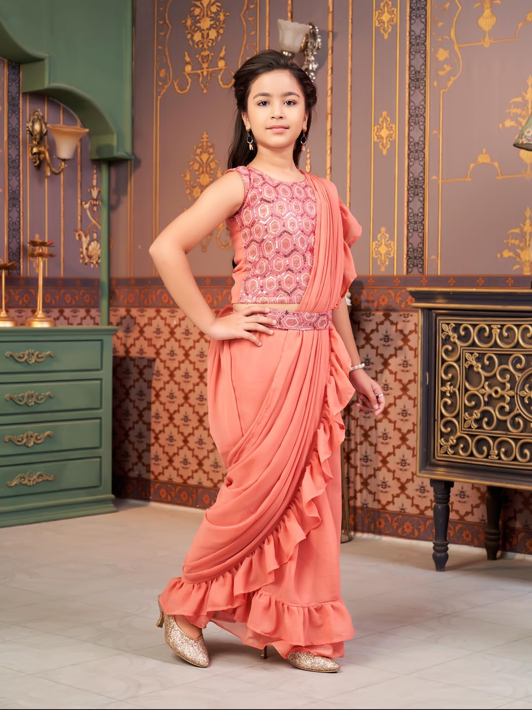 Aarika Girls Ethnic Wear Peach Colour Sequin Embroidery Georgette Lehenga Choli Set With Attached Dupatta-4-13 Years (Lch-Shm-5014)