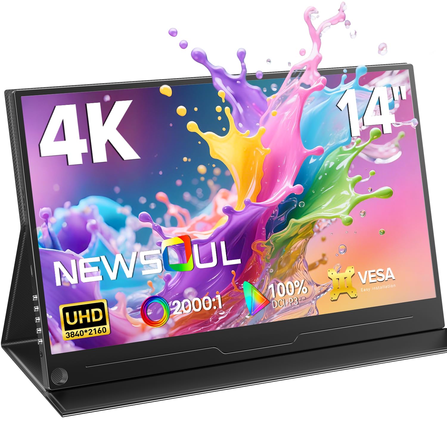 Newsoul Monitor portátil de 14 Pulgadas 4K, Pantalla Portatil UHD de 3840x2160 con Contraste 2000:1, 100% DCI P3, Segunda Pantalla Externa QLED con HDMI/USB-C para Laptop/PC/Mac/PS3/4/5/Xbox