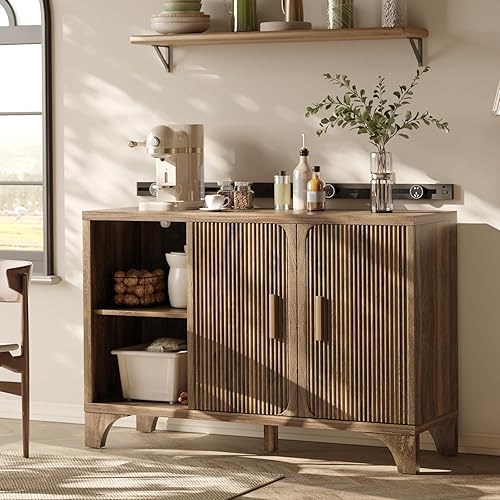 Miniatura 5 de Mueble de buffet moderno de mediados de siglo con almacenamiento, aparador decorativo y credenza con puertas estriadas, consola de barra de café de