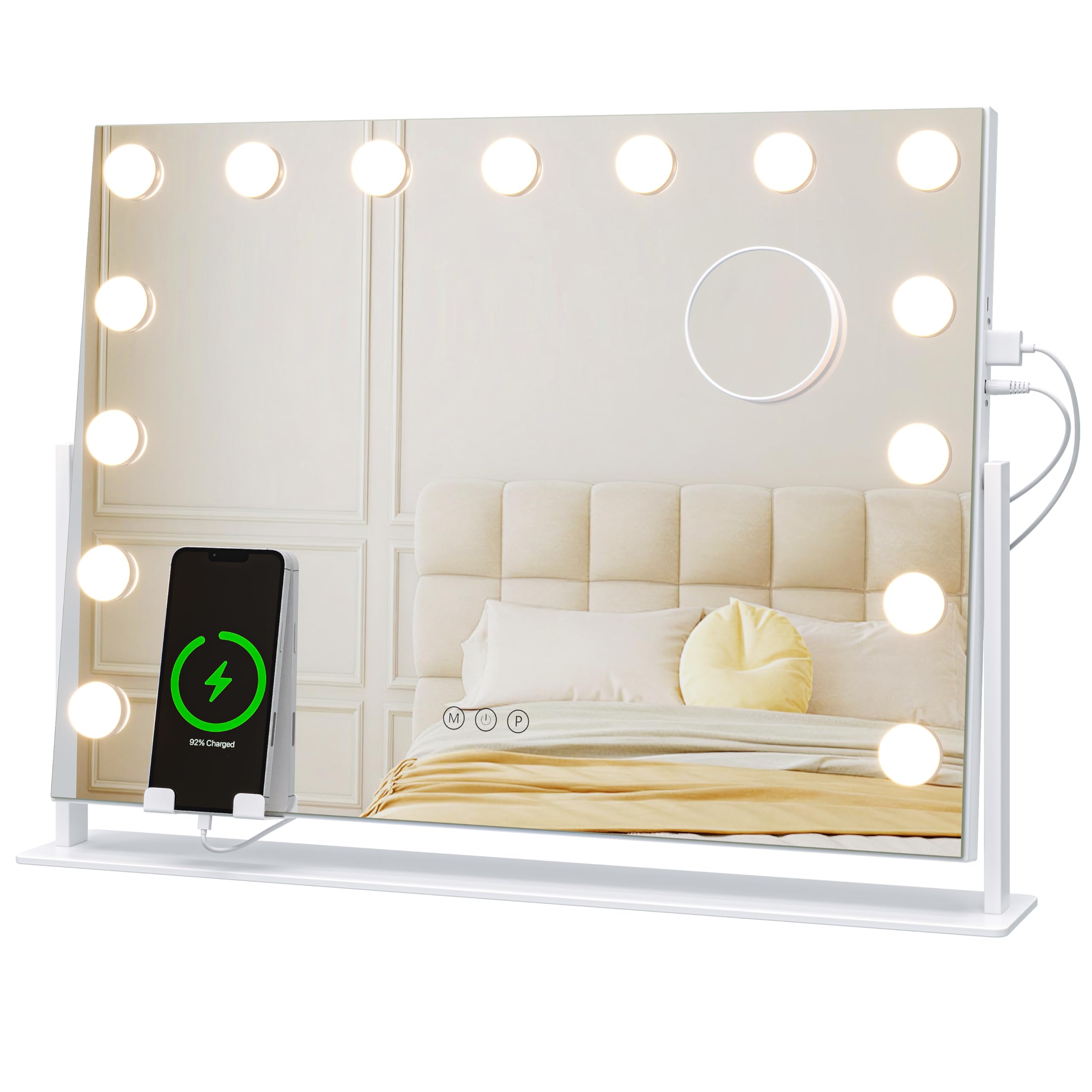 Dripex Specchio da Trucco con Luci Hollywood 15 LED, 46Lx62l cm, Rotazione a 360°, 3 Temperature di Colore, Regolazione Luminosità, Supporto per Telefono Rimovibile, Superficie Specchio: 43Lx58l cm