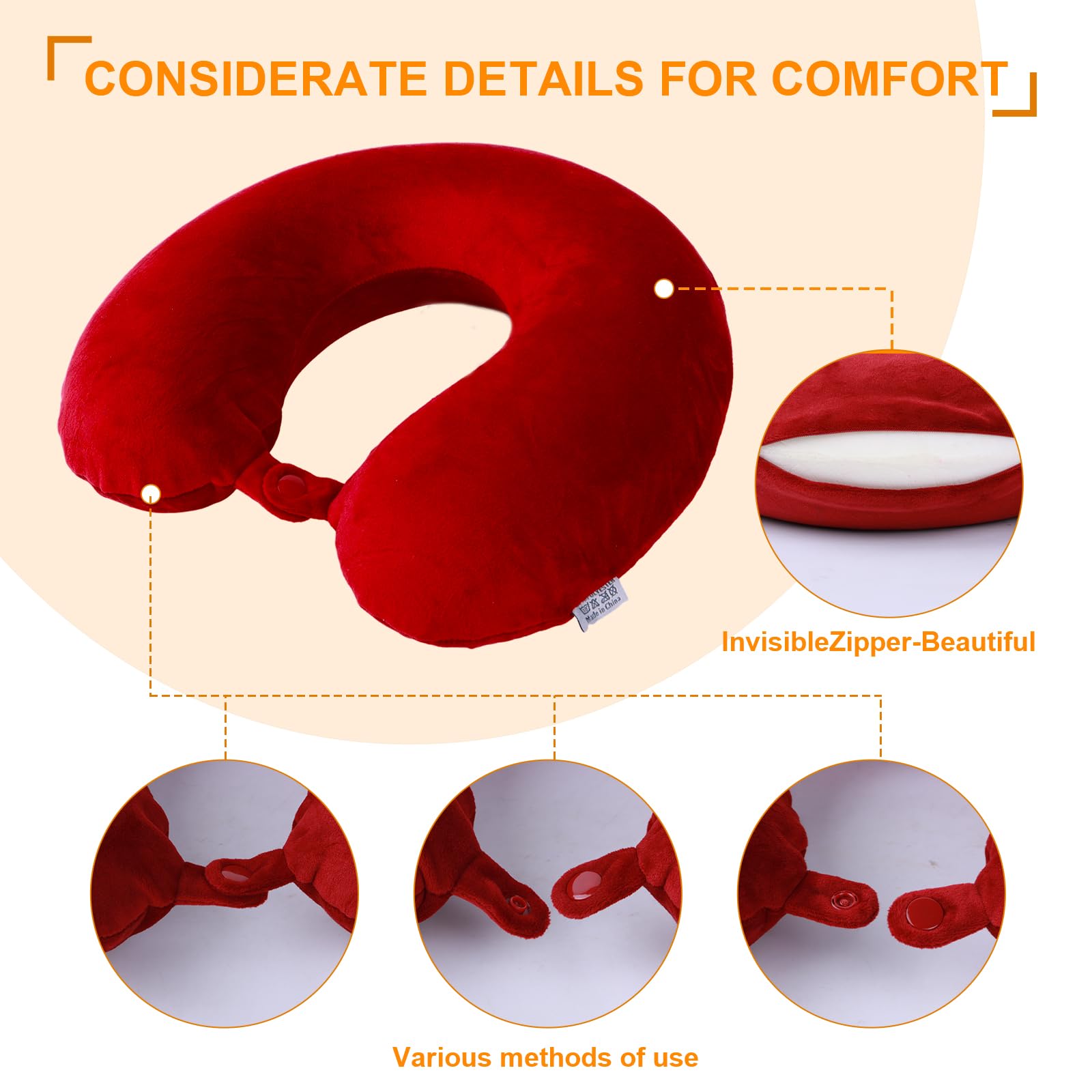 Far win Cuscino da viaggio, 100% pura memory foam, cuscino per il collo a forma di U, super leggero, portatile, ideale per sedia di aereo, auto, casa, ufficio, cuscino per dormire (rosso)