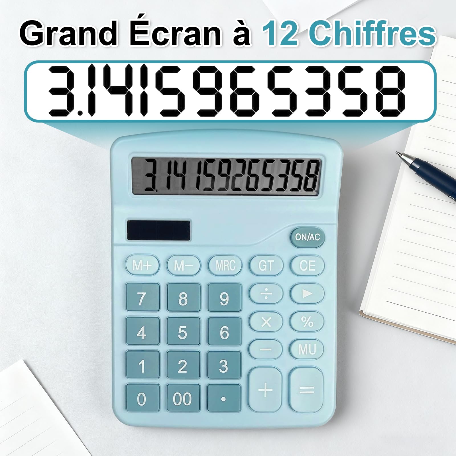 Calculatrice de Bureau 12 Chiffres Écran LCD Solaire et Batterie Grands Boutons Noir Bleu Ciel