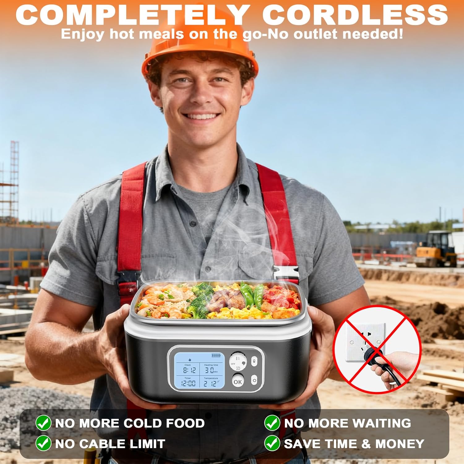 6.3-Cup Cordless Electric Lunch Box for Adults, 27000mAh Heated Lunch Box For Men Battery Powered with Automatic Heating, 100W Self-Heating Portable Food Warmer for Hot Meals Anywhere, Black - Image 2