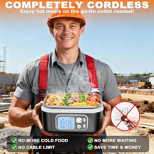 Miniatura 2 de Fiambrera eléctrica inalámbrica para adultos, lonchera recargable de 24000 mAh, alimentada con pilas con calefacción automática, calentador de