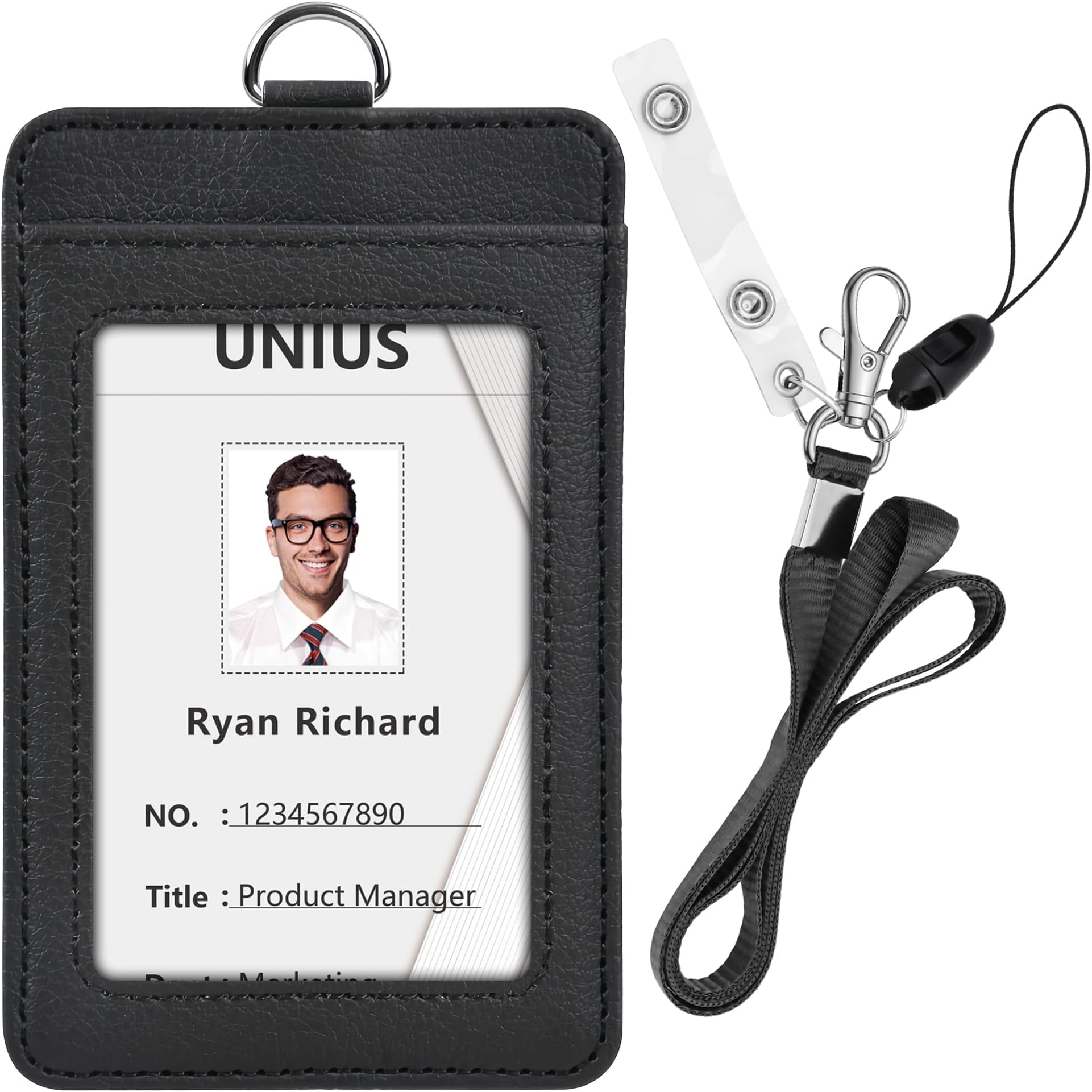 Heavy Duty ID Badge Holder With Lanyard Clip & 4 Vertical Card Slots - Black Wallet Case