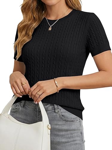 Vrtige Women's Short Sleeve Cable Knit Crewneck Casual Sweater Top Black X-Large