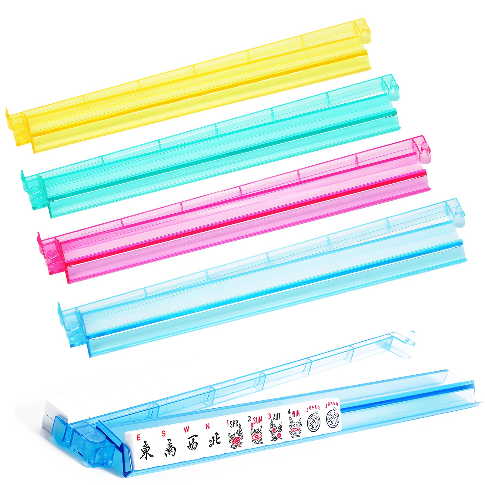 Mah Jongg All-in-One Tile Rack & Pusher, Clear Acrylic Mahjong Rack and Pusher Combo, Modern American Majiang Tile Racks Set of 4 (Multi-Color)