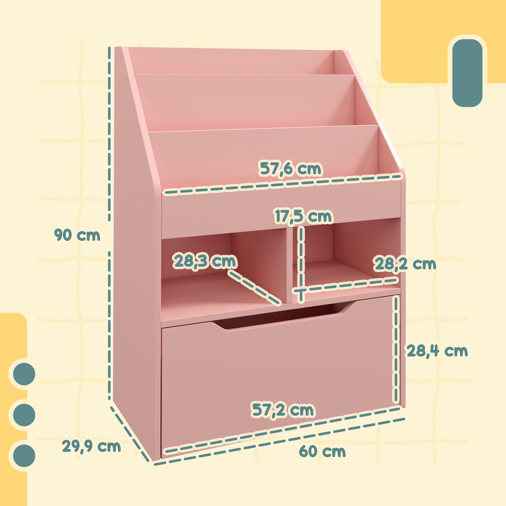HOMCOM Kinder Bücherregal Kinderregal mit Schublade, 3 Ablagefächern und 2 offenen Fächern, Aufbewahrungsregal für Kinderzimmer, Spielzimmer, Rosa, 60 x 29,9 x 90 cm