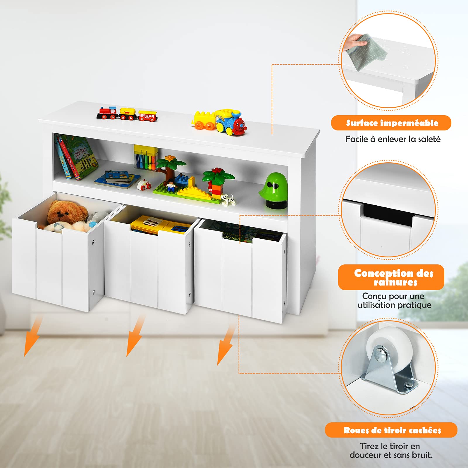 COSTWAY Coffre de Rangement Enfant pour Jouet avec 3 Tiroirs et Grand Compartiment, Meuble de Rangement Commode pour Livre/Bloc/Jouet, Idéal pour Chambre d'enfant, Blanc, 101 x 33 x 62CM