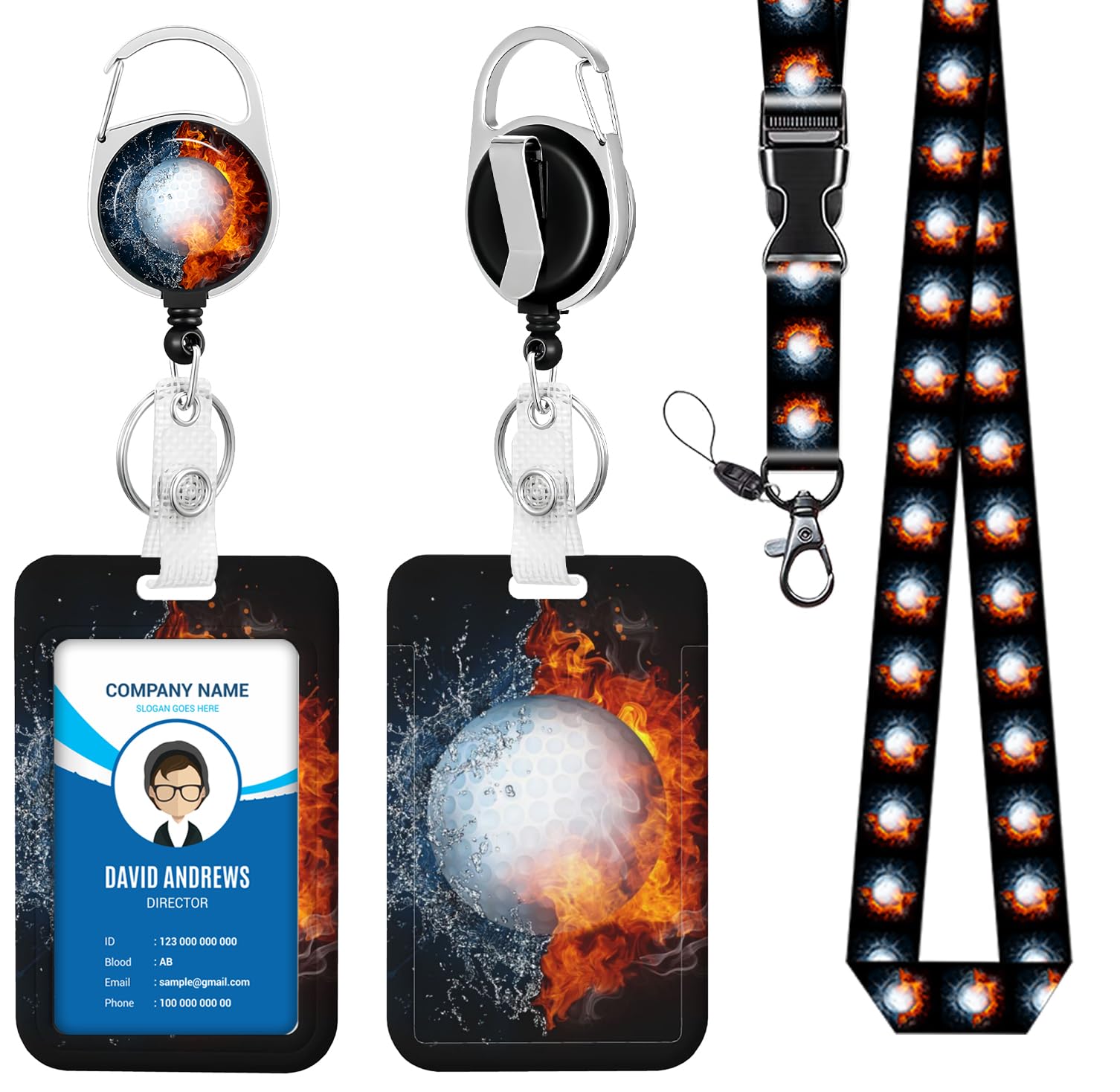 Lanyard for ID Badge Holder Badge Reel Golf Ball Fire Water for Man Women Cute Nurse Teacher Name Tag Clip Retractable Keychain Heavy Duty Work Office Gifts Accessories