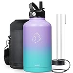 BUZIO 64oz Insulated Water Bottle Stainless Steel Double Wall Leak Proof Half Gallon with Straw Lid and Flex Cap (Cold for 48 Hrs) Sports Flask Metal Travel Mug for Hiking, Camping, Purple Green