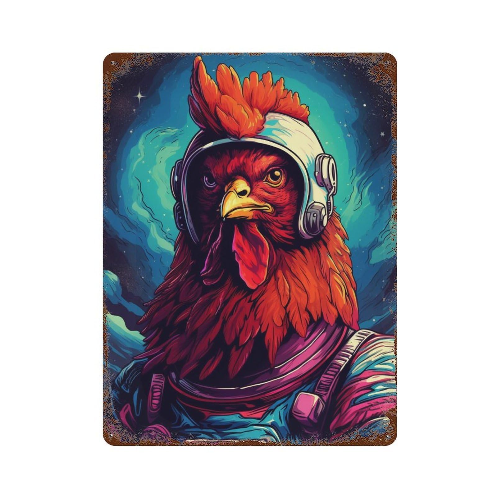 Space Chicken Explorer-4 Vintage Rust Metal Sign 15.7"x11.8", Ideal for Bistro, Counter And Cafe Decor