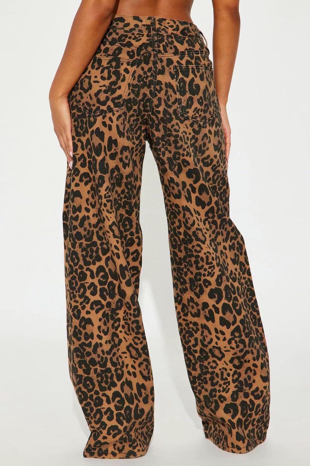 Jeans Donna A Gamba Larga Casual Jeans-Stampa Leopardo-XS