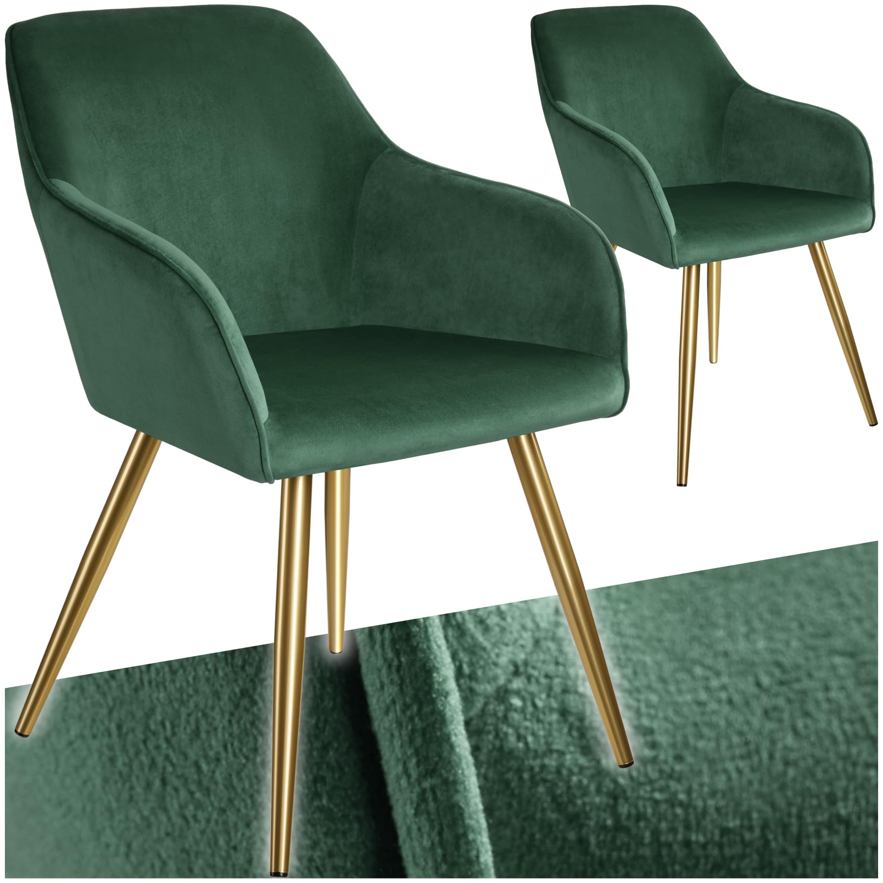 tectake® Set of 2 Dining Chairs in Velvet Look with Gold Steel Legs, Thickly Padded Armchairs, Ergonomic Design & Easy Assembly - Ideal as Dining, Living Room, Bedroom & Desk Chairs - Dark Green/Gold