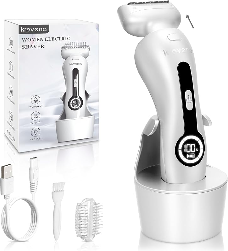 Barbeador elétrico feminino krovena com cabeça removível, tela flutuante 3D, uso seco e úmido, recarregável, com pente de 35 mm e acessórios