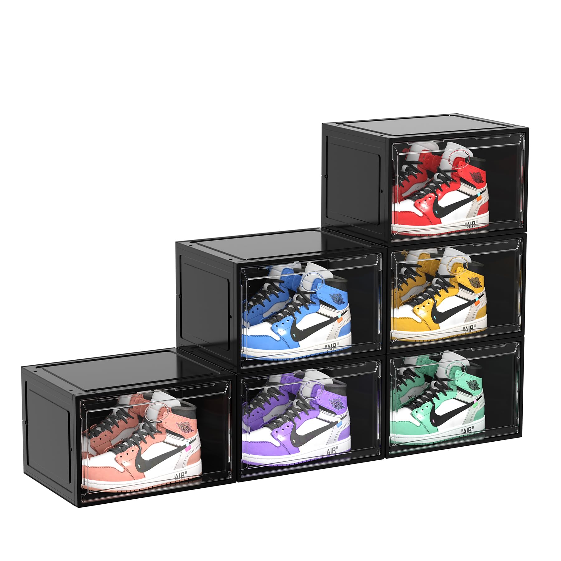 LEKSOGS 6 Pack Clear Sliding Door Shoe Box, Plastic Shoe Rack Storage Box, Shoe Display Case Suitable for Sneakers, Casual Shoes(Black)