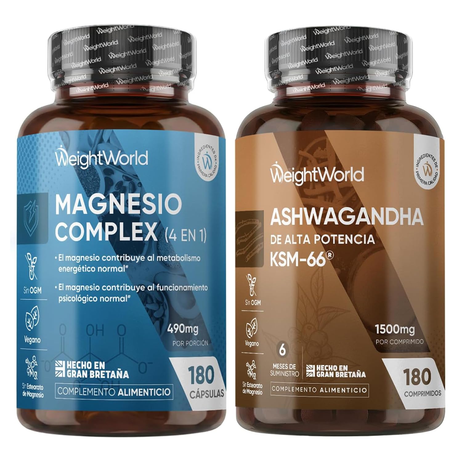 Pack Magnesio Complex 1700mg + Ashwagandha KSM-66 1500mg - 4 Tipos Mg