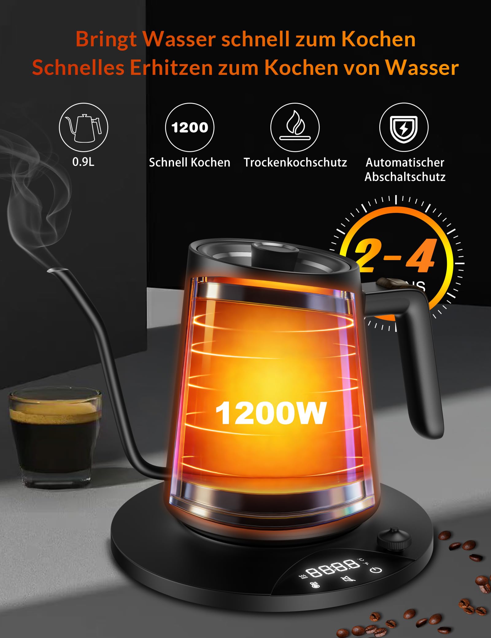 Schwanenhals Wasserkocher,1200W Elektrischer Kaffeekessel aus Edelstahl,Temperatureinstellung mit 24H Wärmefunktion,für Filterkaffee und Tee