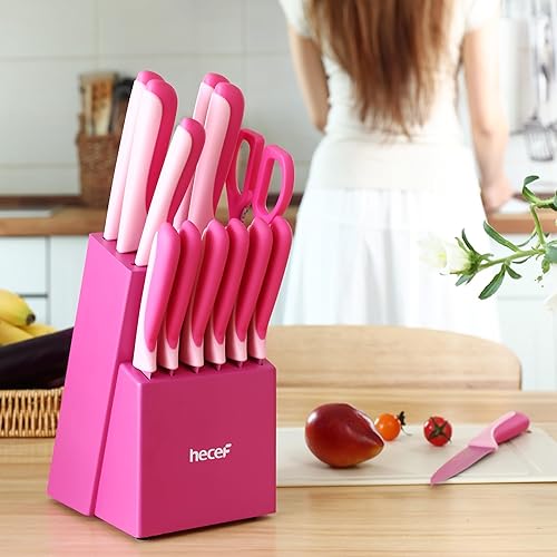Miniatura 6 de hecef Juego de cuchillos de cocina de 15 piezas con bloque de madera afilado integrado, apto para lavavajillas, juego de bloques de cuchillos de