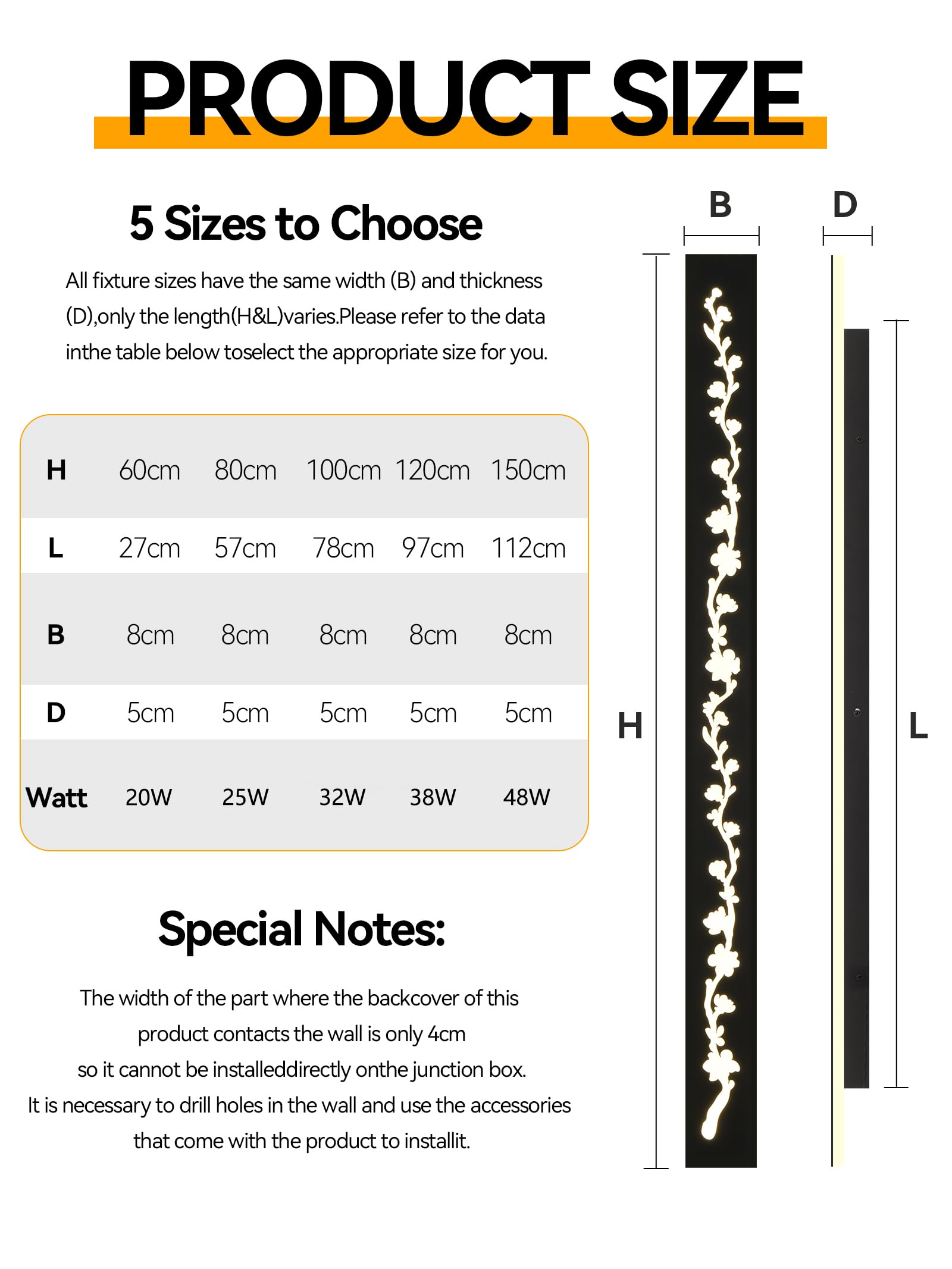 Außenlampe Wand LED 3000K, IP65, Schwarz, 120 cm, 40W