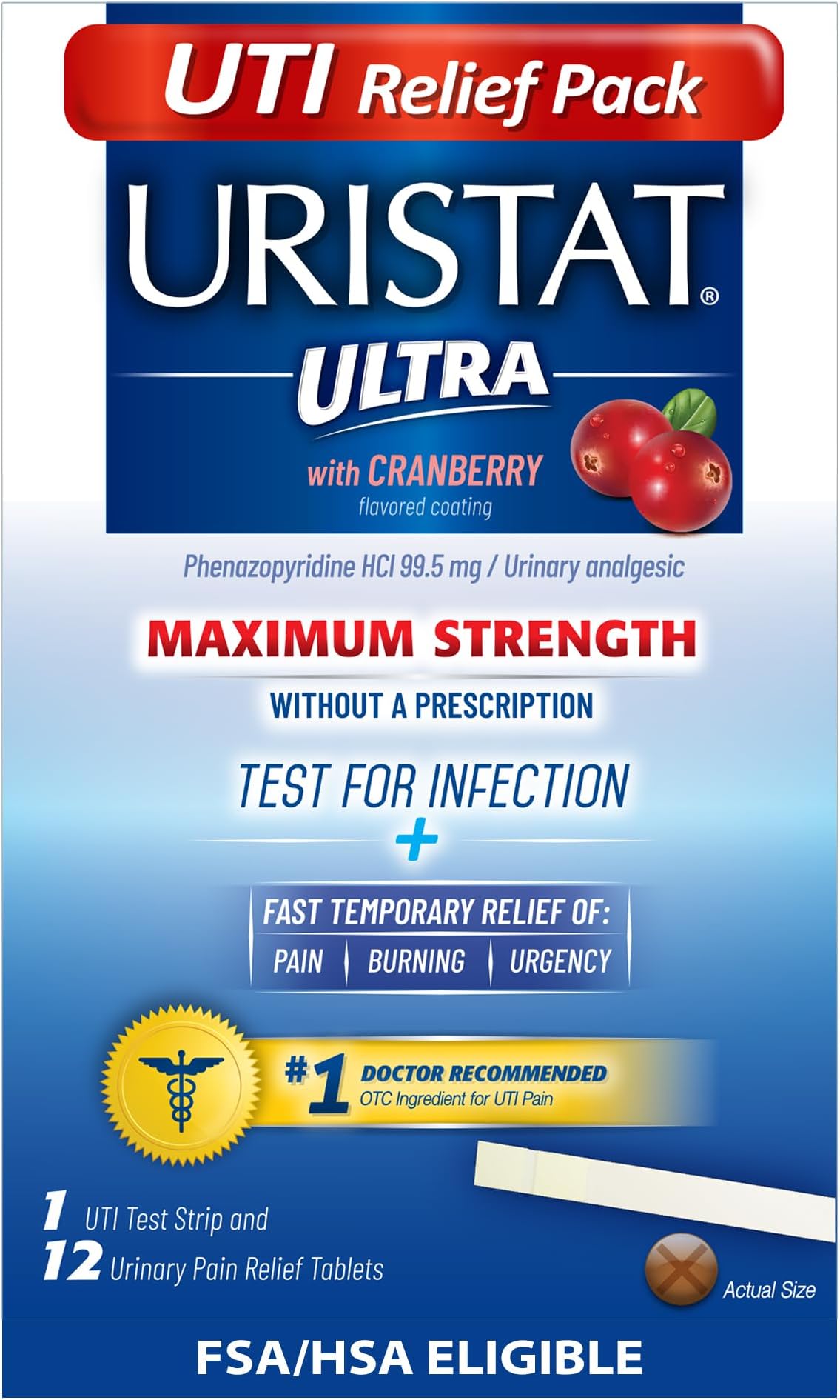 Uristat Ultra Strength Urinary Tract Infection Treatments and Test Relief Kit – 1 UTI Test Strip & 12 Cranberry Flavor Relief Tablets to Ease Urinary Pain, Burning & Urgency
