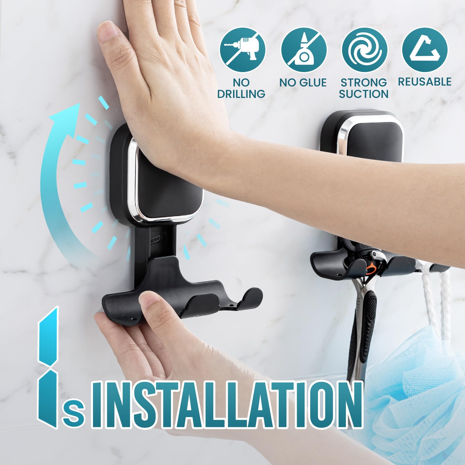 TAILI Suction Cup Razor Holder for Shower Wall 2 Pack, Versatile Suction Cup Hooks for Razor, Towel, Loofah, Squeegee, Cell Phone, Removable Damage-Free Hanging Shower Hook, Shaver Holder, Black