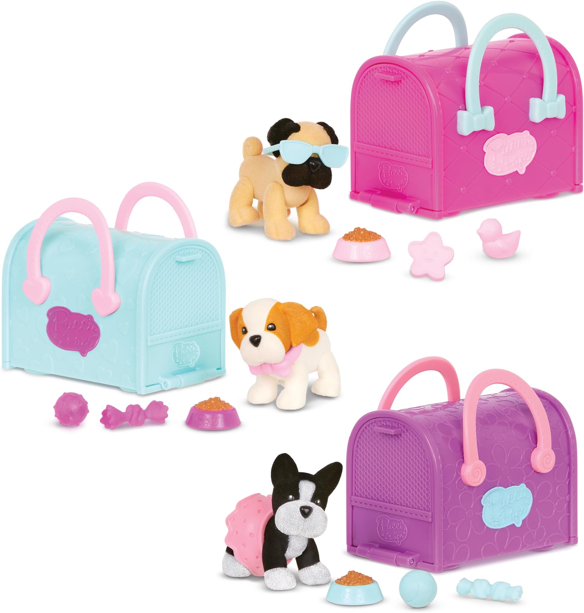 Pucci Pups โ Collectible Puppy Set โ Boston Terrier, Pug, Shih Tzu โ Carrier Purse โ Dog Accessories Included 3+ Years