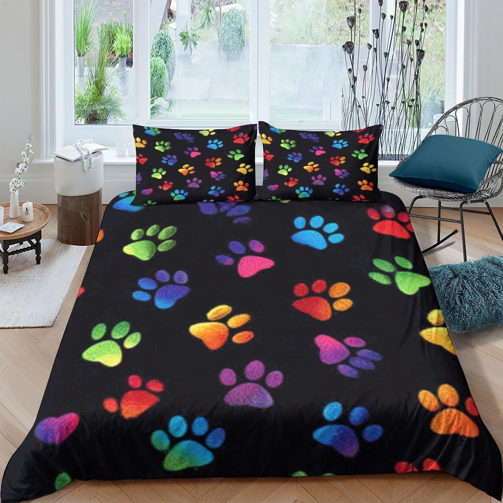 Ctjqhvkz Style-10 3D Printed Rainbow Paw Fitted Sheet Microfiber Soft Anti-Slip Black Multicolor Pet Bed Cover For Bedroom Dorm Mattress Protection Decor Single（135X200cm）