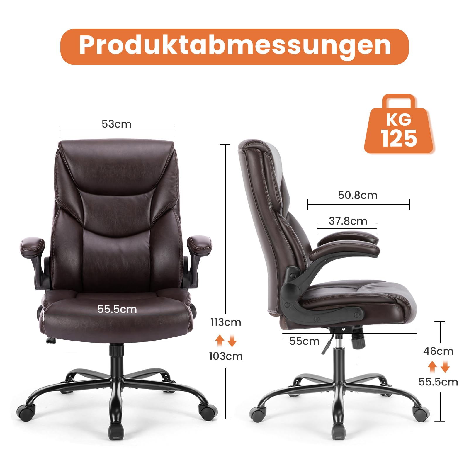 Sweetcrispy Chefsessel PU Leder Bürostuhl Ergonomisch, Schreibtischstuhl mit Armlehnen, Ergonomischer Computerstuhl mit Hoher Rückenlehne, Gaming PC Drehstuhl für Arbeit Ruhe, Dunkel Braun
