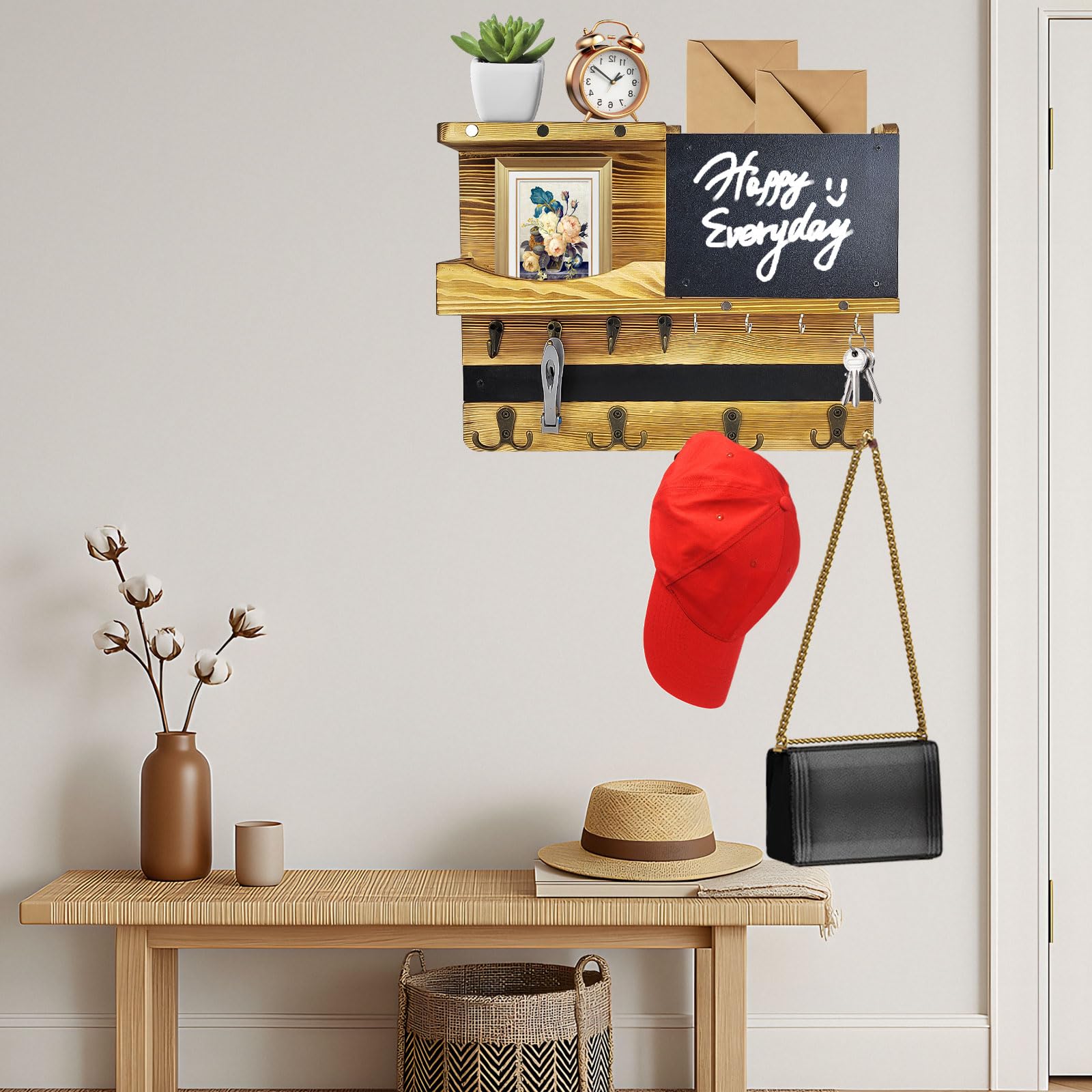 Porta Llaves de Pared de Madera con Compartimento de Almacenamiento, 8 Ganchos y 4 Ganchos Dobles, con Tablón de Anuncios, Apto para Llaves, Sombreros, Ropa, Bolsos