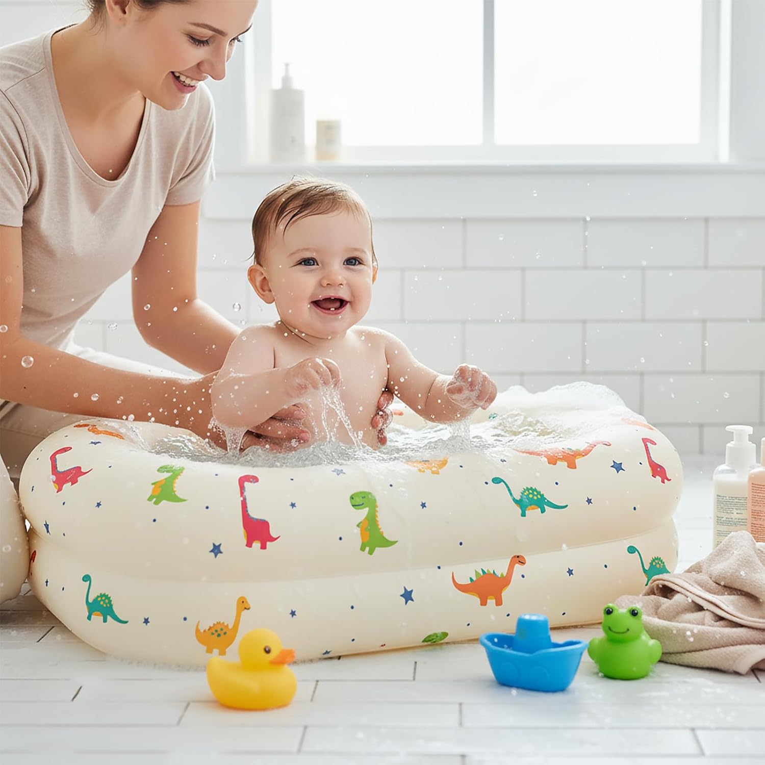 Inflatable Baby Bathtub with Built-in Air Pump, Back Support, Portable Travel Baby Bath Tub, Deflates and Folds Easily, Newborn to Toddler 3-20 Months (Dinosaurs)