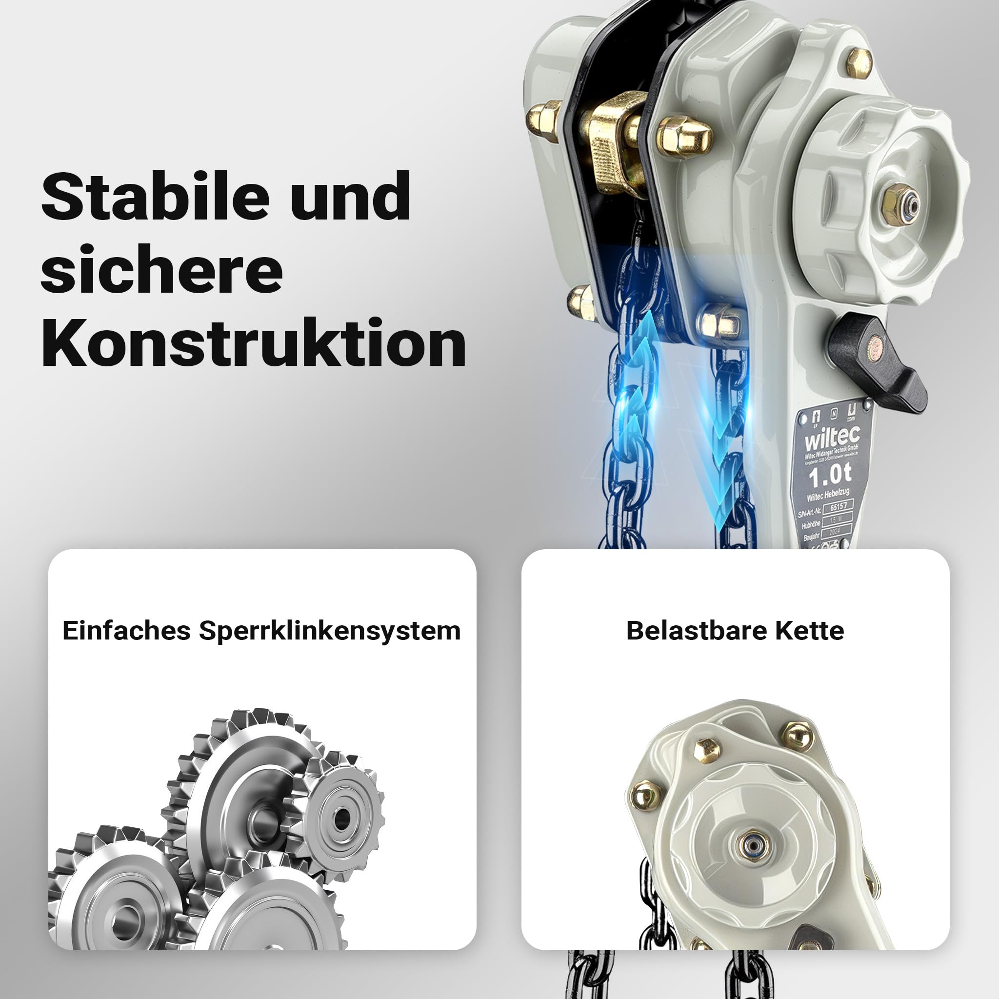 Wiltec Hebelzug 1 t x 1,5 m, Kettenzug 360° Drehgriff, kompaktes Hebezeug