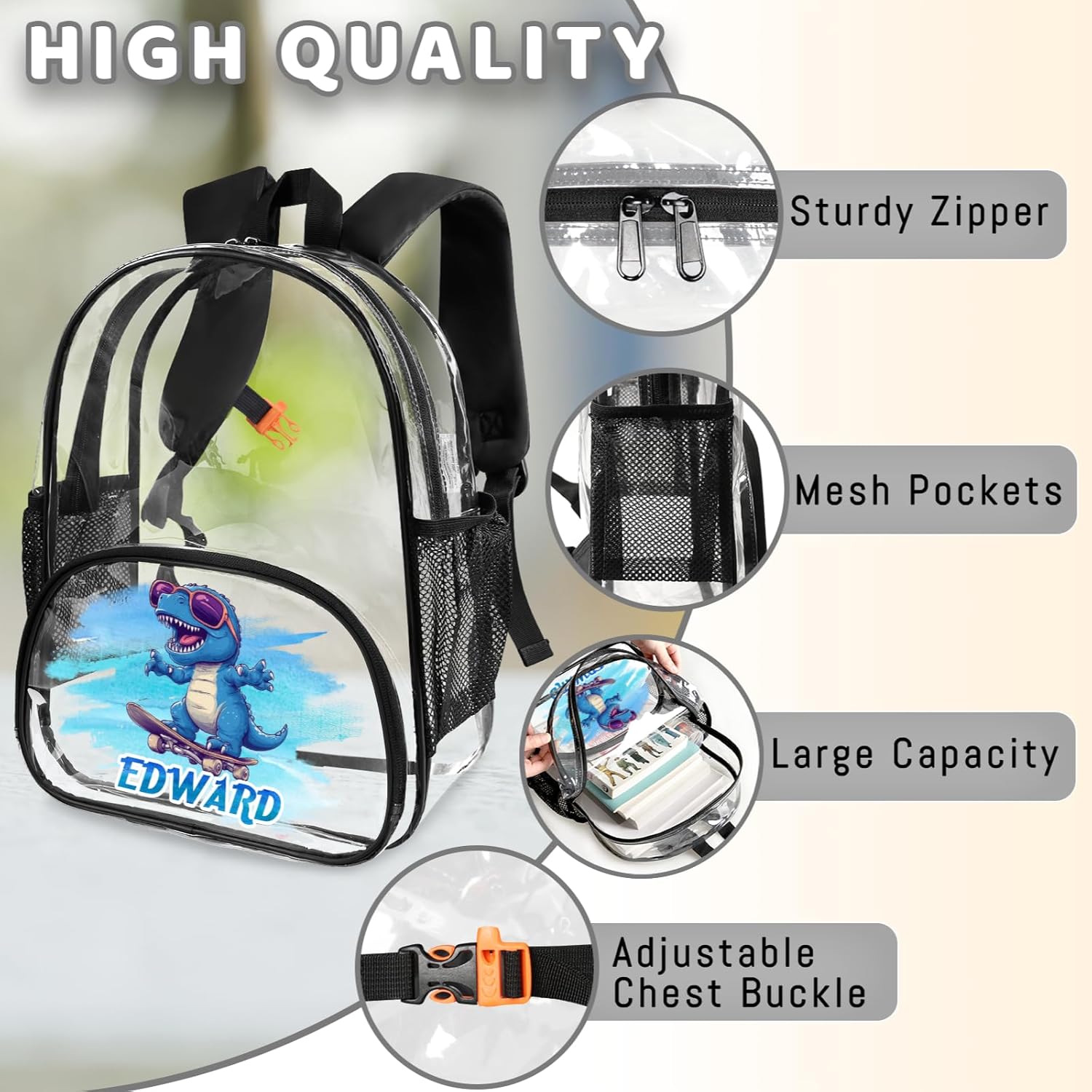 Clear Bookbag with Name, Personalized Blue Dinosaur Transparent Black Backpack, Custom See Through Travel Sport Plastic Back Pack PVC with Reinforced Strap, Waterproof