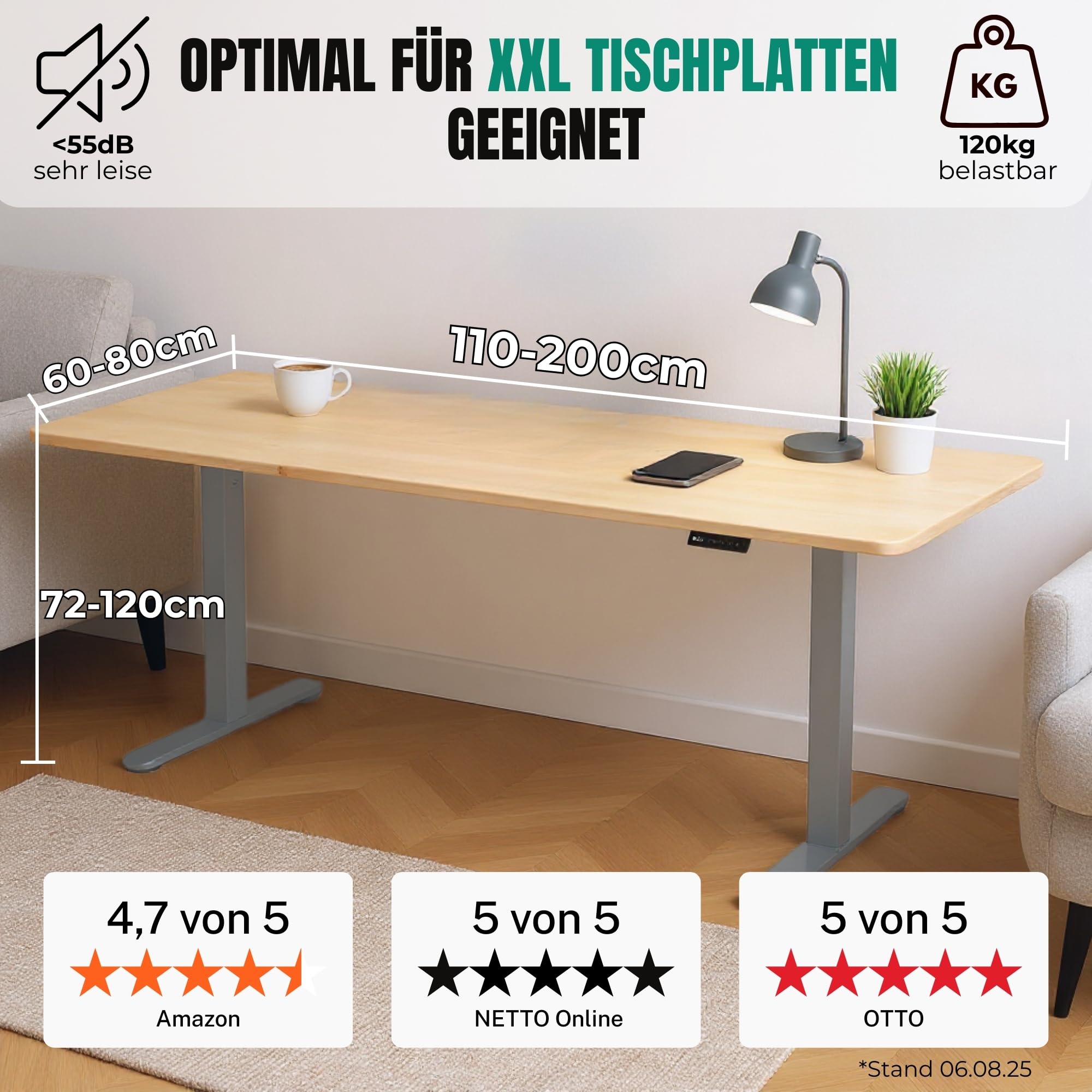 ALBATROS Schreibtisch-Gestell Lift S5S + Kabelkanal, Silber, 2X Motoren, elektrisch höhenverstellbar mit Memory-Funktion, Kollisionsschutz und Soft-Start/Stop