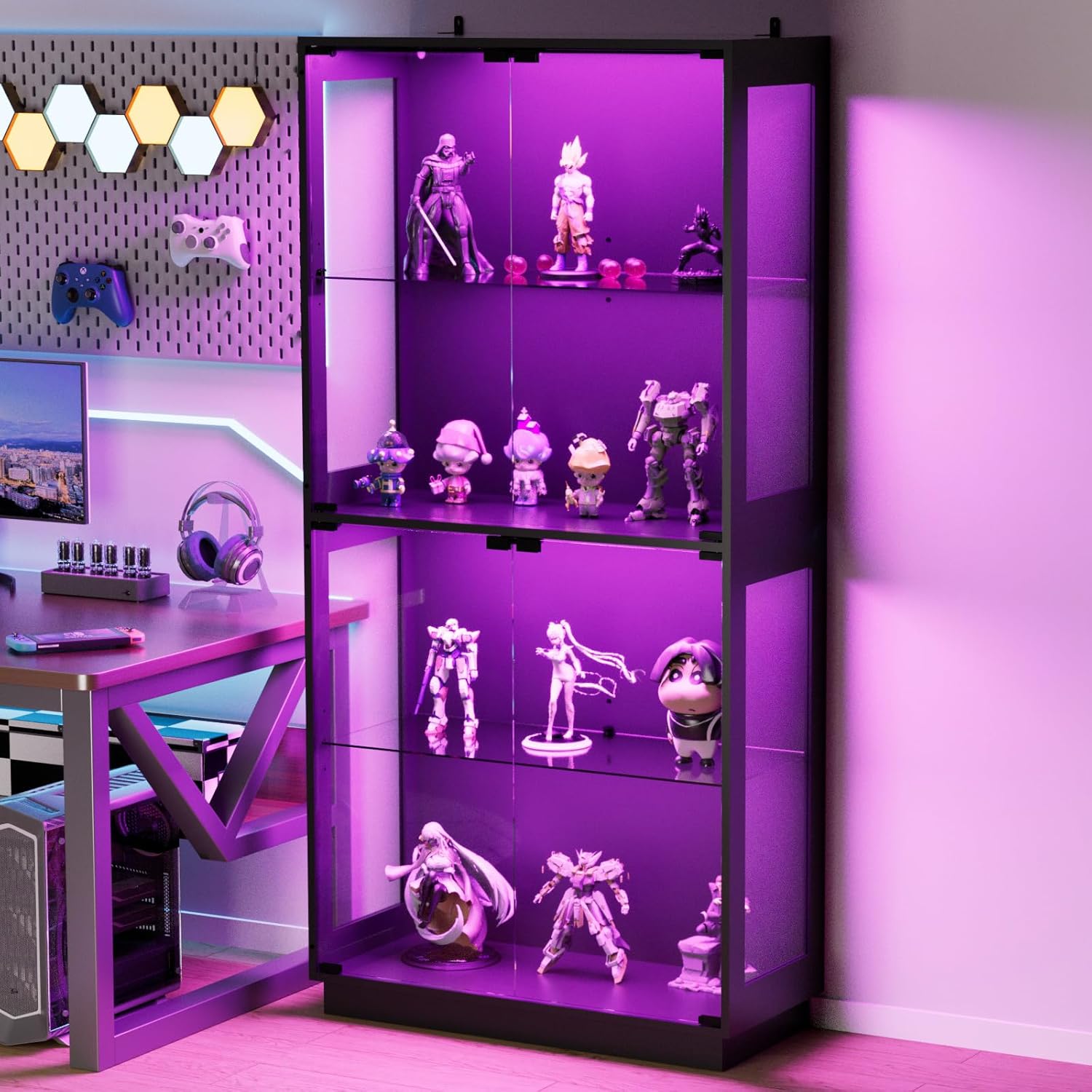 Display Cabinet with Glass Doors 4 Tier Glass Display Case with RGB LED Lights Display Cases for Collectibles Adjustable Shelves Display Case, for Game Room, Living Room, Bedroom, Black