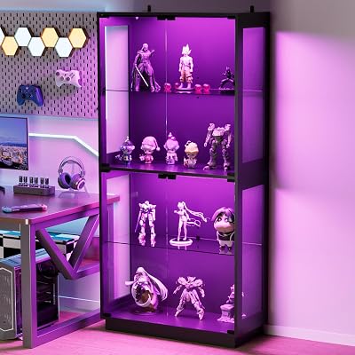 Display Cabinet with Glass Doors 4 Tier Glass Display Case with RGB LED Lights Display Cases for Collectibles Adjustable Shelves Display Case, for Game Room, Living Room, Bedroom, Black