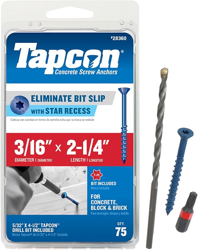 Tapcon 3/16 x 2-1/4" Star Head Blue Climaseal™ Concrete Screws, 75 PCS | Corrosion Resistant Coating, Heavy-Duty Concrete and Masonry Screws, Superior Holding Strength, Drill & T-25 Bit Included