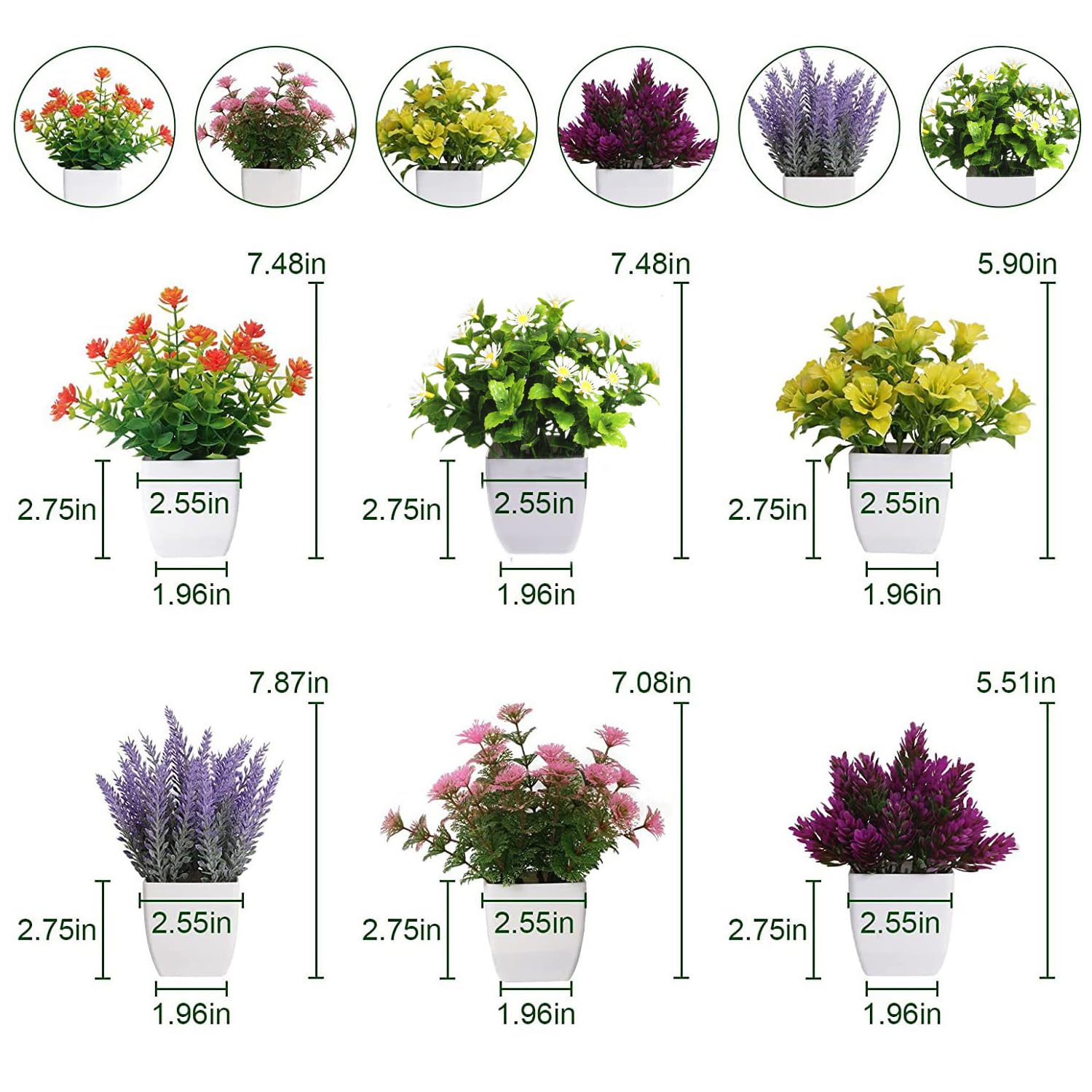 Confezione da 6 piante artificiali in vaso, piccole piante finte da interni, con vaso di plastica, per casa, ufficio, scrivania, tavolo, decorazione (fiore)