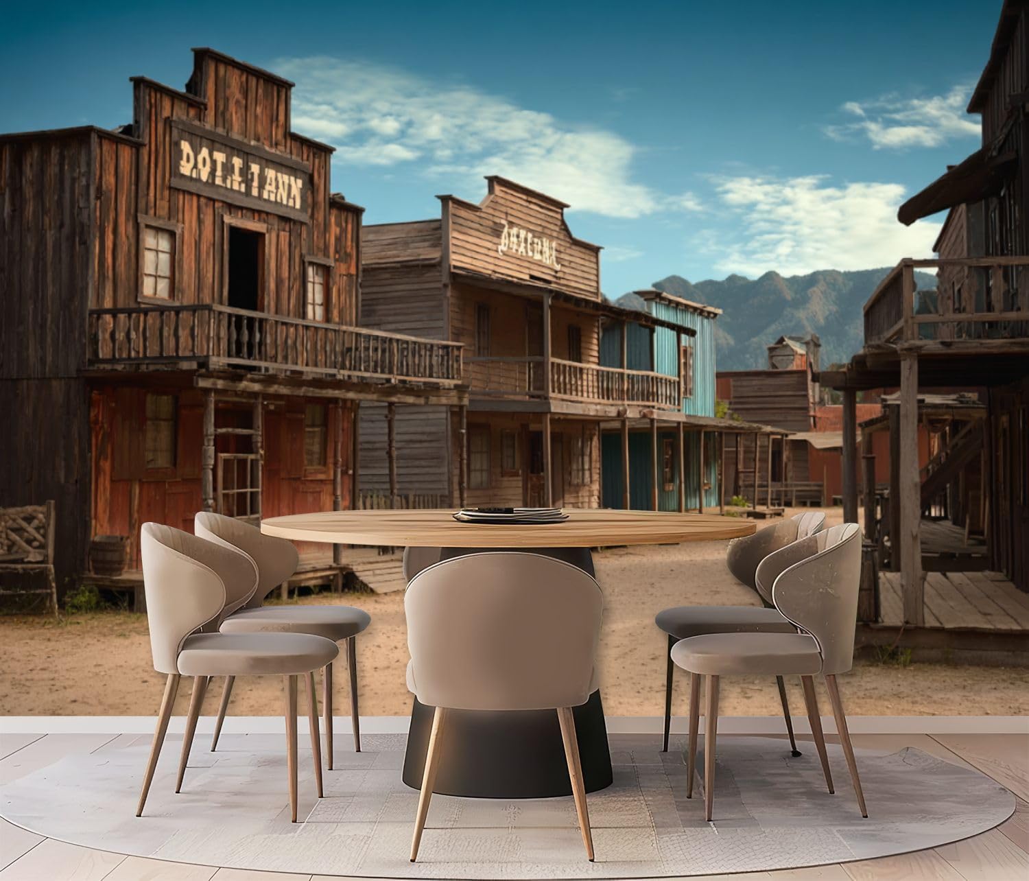 Wall Mural Peel & Stick Empty Dirt Street an Old Western Town Various Wooden Buildings Self-Adhesive Wallpaper Removable Wall Decal Wall Sticker Home Decor for Living Room Bedroom 100"x144"