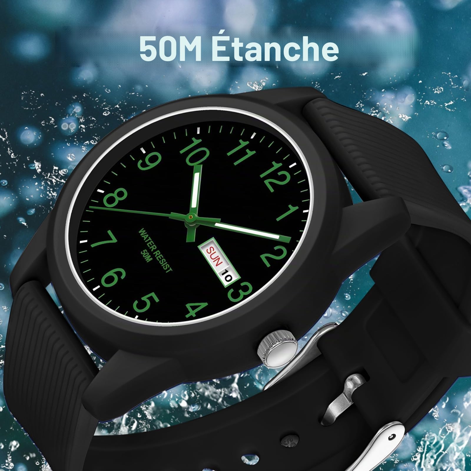 findtime Montre analogique à quartz pour homme et femme - Étanche jusqu'à 50 m - Bracelet en silicone - Montre décontractée pour adolescents - Avec date, jour de la semaine, aiguilles lumineuses