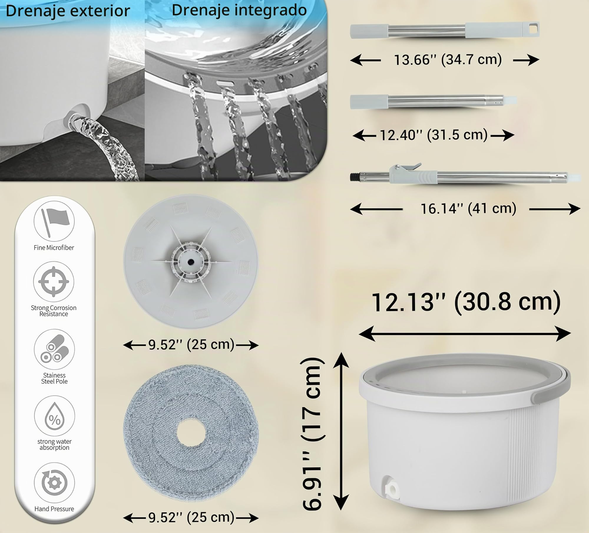 ARSUK Cubo de Spin Mop y Limpieza de Suelos | Mecanismo Separado para Agua Limpia y Sucia | Diseño Compacto 2L, 2 Almohadillas de Microfibra, Mango Telescópico de Acero INeededxidable de 118cm