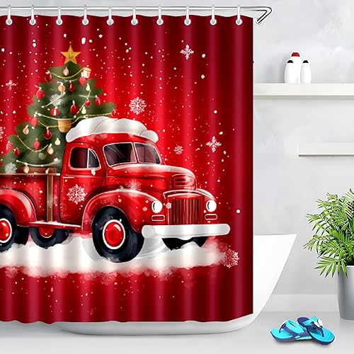 Cortina de ducha de camión rojo de invierno, juego de cortina de ducha de invierno, decoración de baño roja con 12 ganchos, accesorios de baño de