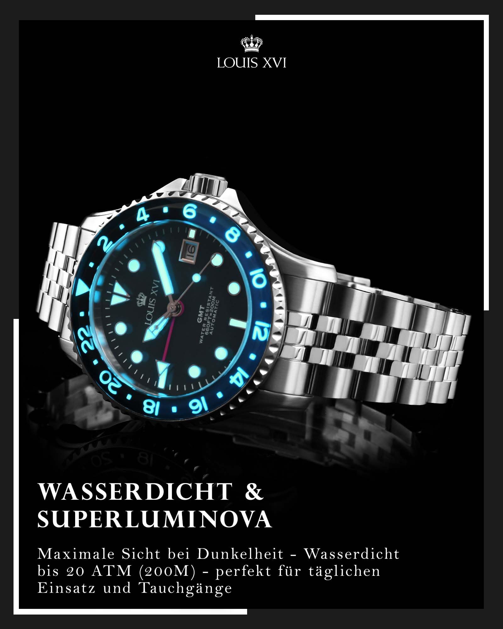 LOUIS XVI Mirabeau GMT 1433 - Ø 41 mm - Herren Uhr - Wasserdicht - Uhr mit Saphirglas - Armband Silber - Zifferblatt Schwarz - Automatikuhr