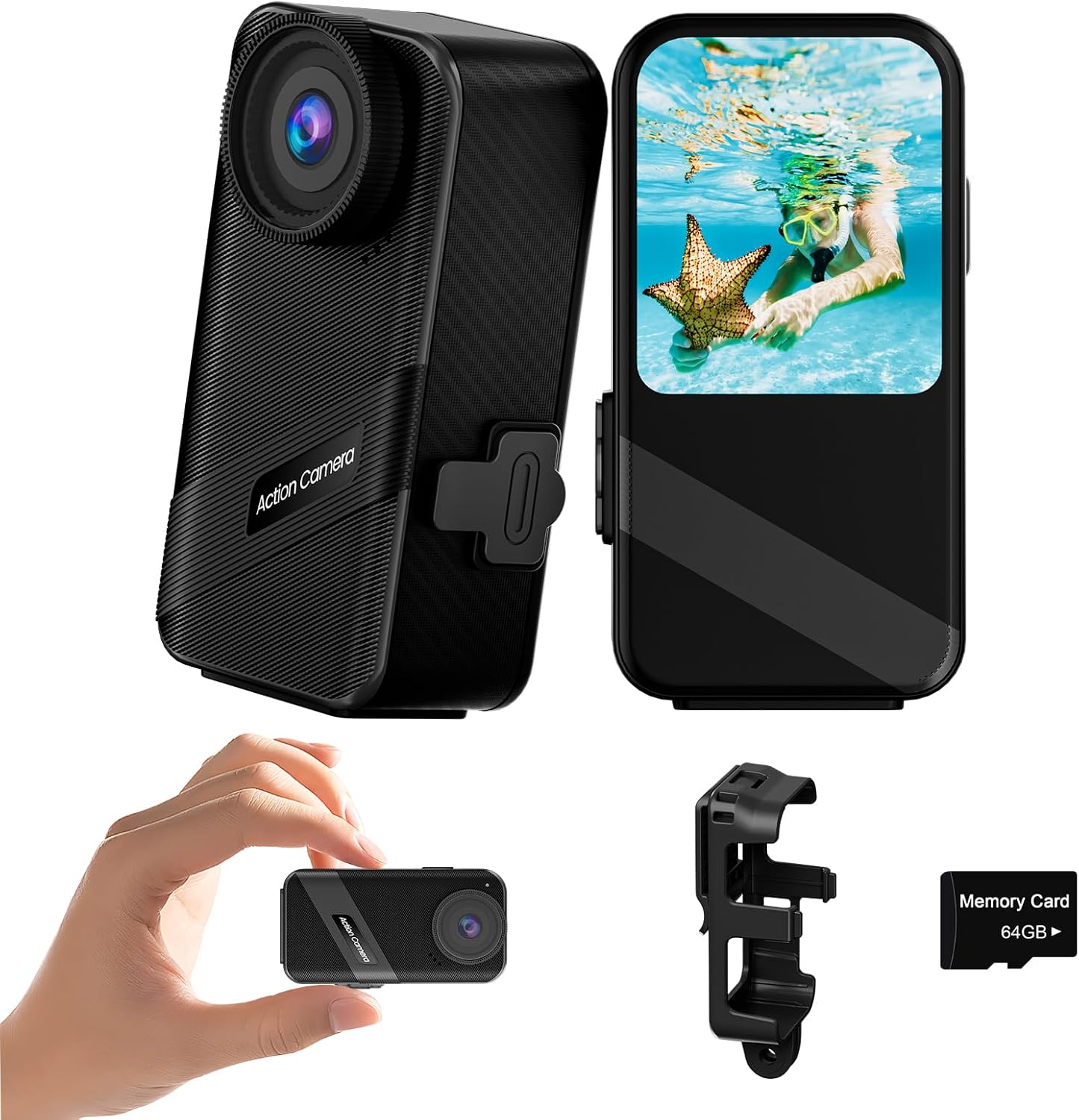 4K60FPS Mini Action Camera, HD Thumb Camera with 64G SD Card, POV Portable Body Cam Wearable Video Recorder, IPX8 Waterproof Underwater Camcorder, Helmet Cam for Cycling,Motorcycle, Pet