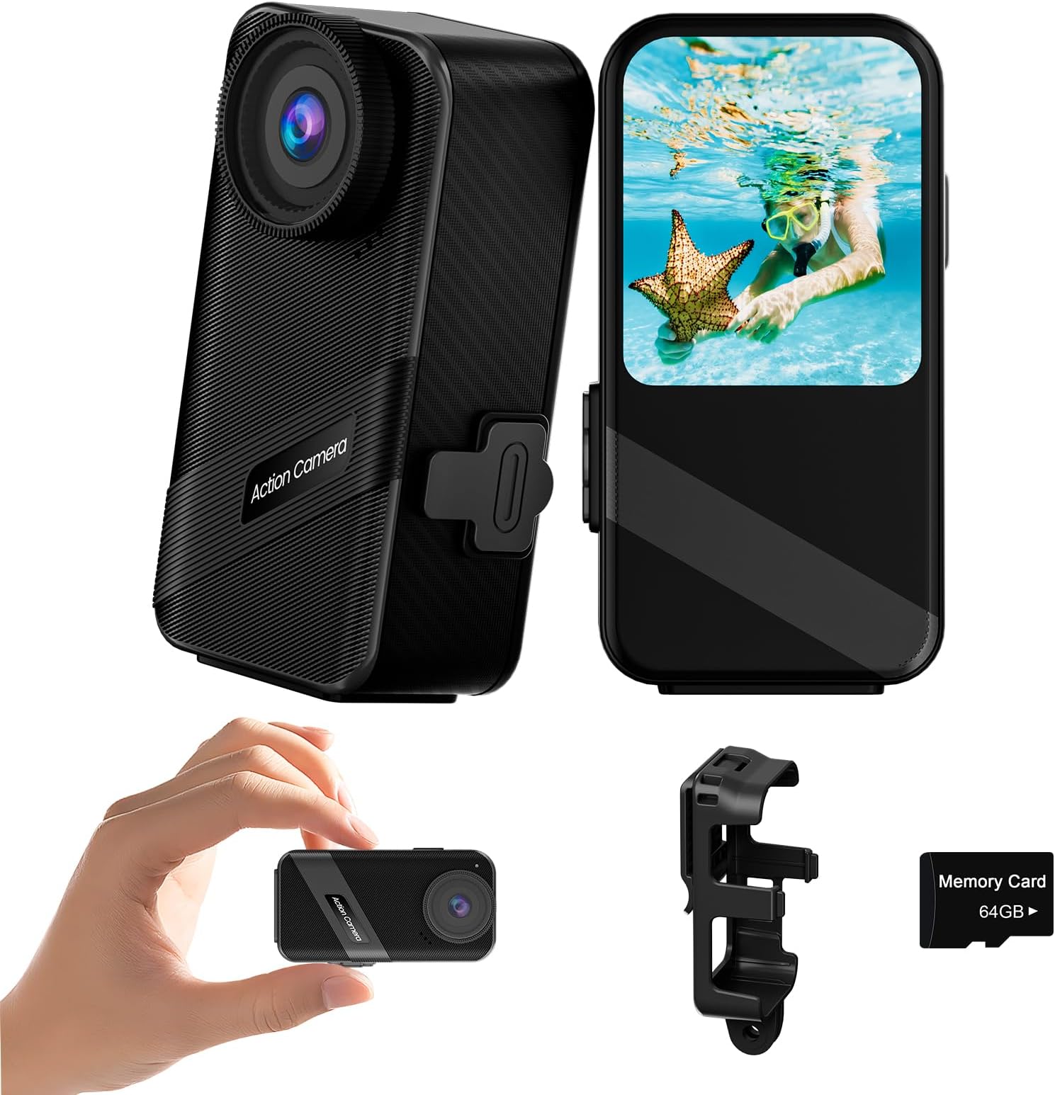 4K60FPS Mini Action Camera, HD Thumb Camera with 64G SD Card, POV Portable Body Cam Wearable Video Recorder, IPX8 Waterproof Underwater Camcorder, Helmet Cam for Cycling,Motorcycle, Pet