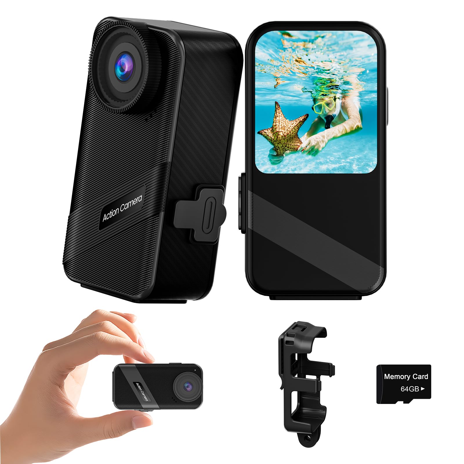 TIMNUT 4K60FPS Mini Action Camera, HD Thumb Camera with 64G SD Card, POV Portable Body Cam Wearable Video Recorder, IPX8 Waterproof Underwater
