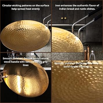 Hammered Brass Tawa with Handle for Roti Paratha Chapati – Traditional Handcrafted Indian Flat Pan for Cooking – Heavy Duty Brass Cookware – Heat Retention & Even Cooking