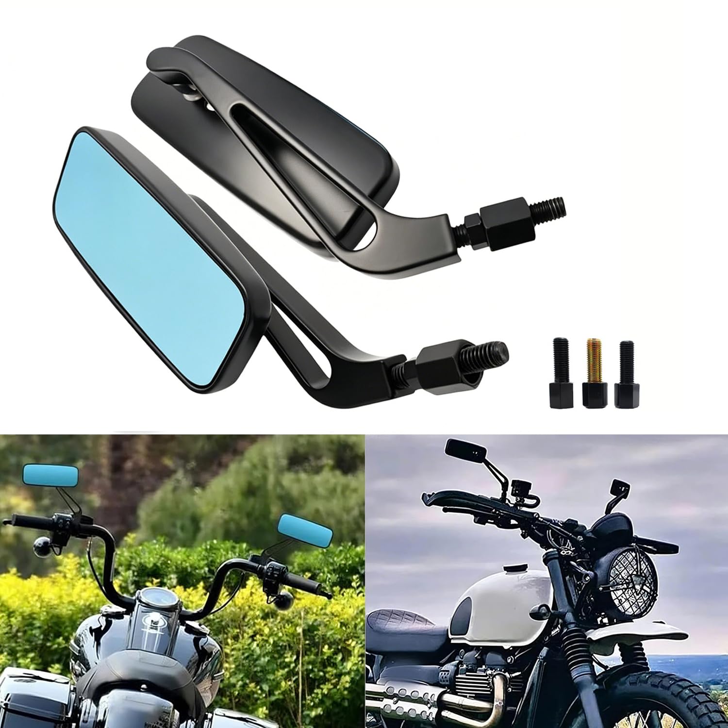 8mm 10mm Specchietti laterali Moto,Moto Rettangolo Specchietto retrovisore Manubrio Specchietto laterale per Street Bikes Sport Bikes Bobber Chopper