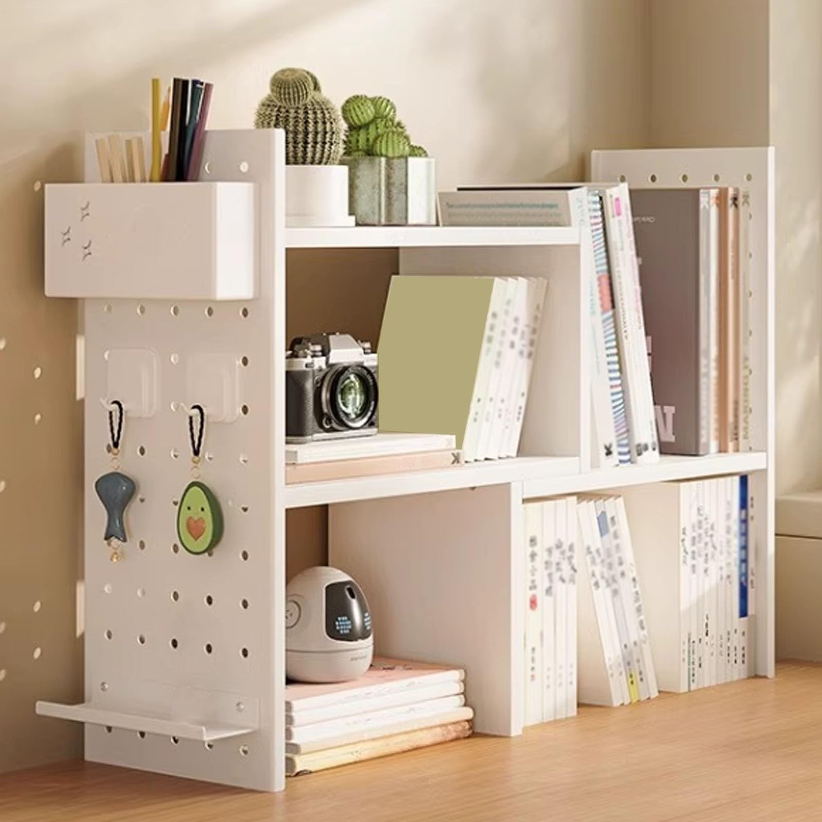 CWCQGH Multipurpose Corner Desktop Bookshelf & Desk Organizer with Pegboard - Stylish Countertop Display Rack for Home Office, Dorm, and Small Spaces Storage Solutions,White