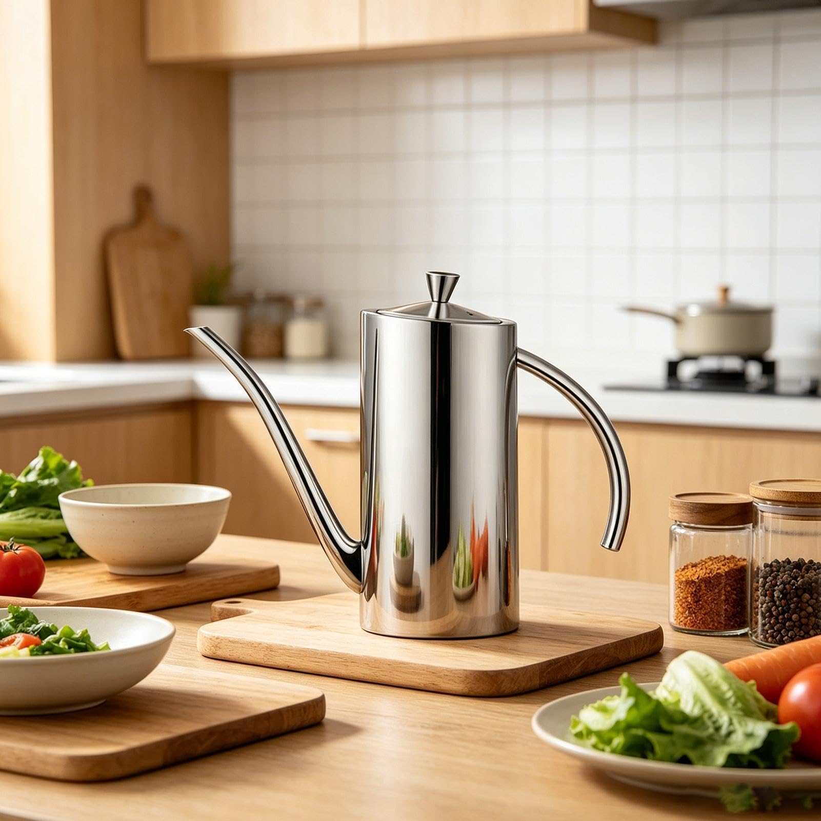 Bottiglia dispenser per olio, 500 ml, in acciaio inox, con manico, a prova di perdite, per olio d'oliva e aceto, per cucinare, grigliare, preparare i pasti, cucina, barbecue